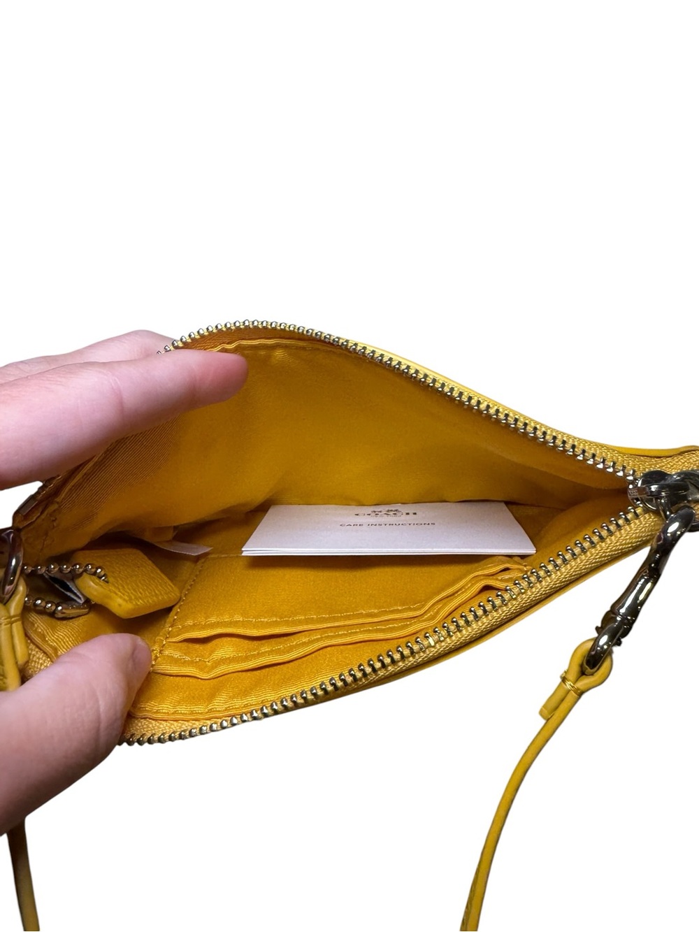 Coach Pebble Leather Corner Zip Wristlet with Sherpa Trim Honeycomb Yellow - Picture 10 of 12